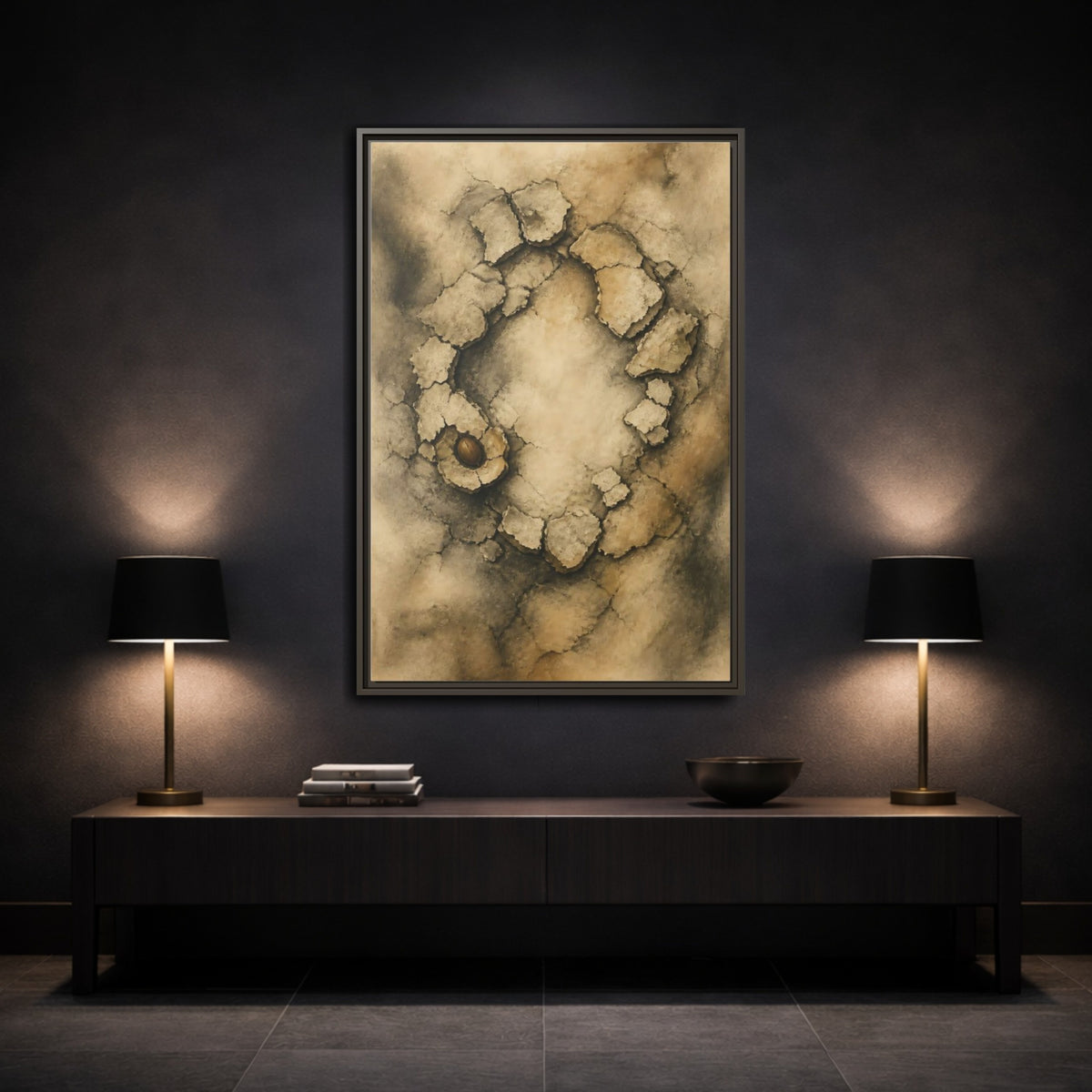 Mockup 3. Cracked Earth Circle shown as framed canvas print