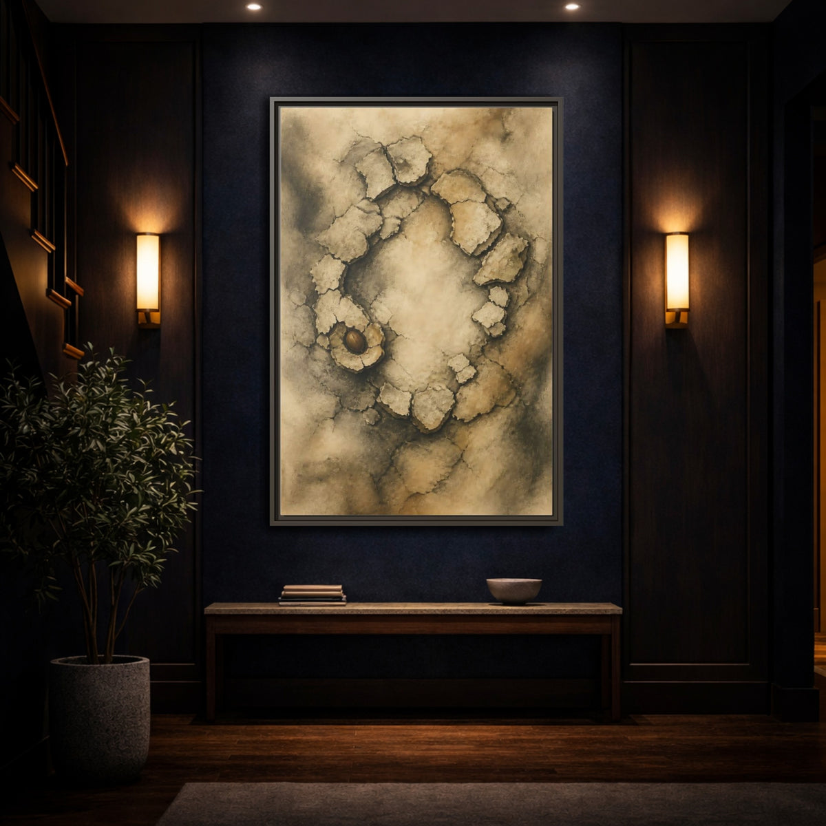Mockup 4. Cracked Earth Circle shown as framed canvas print