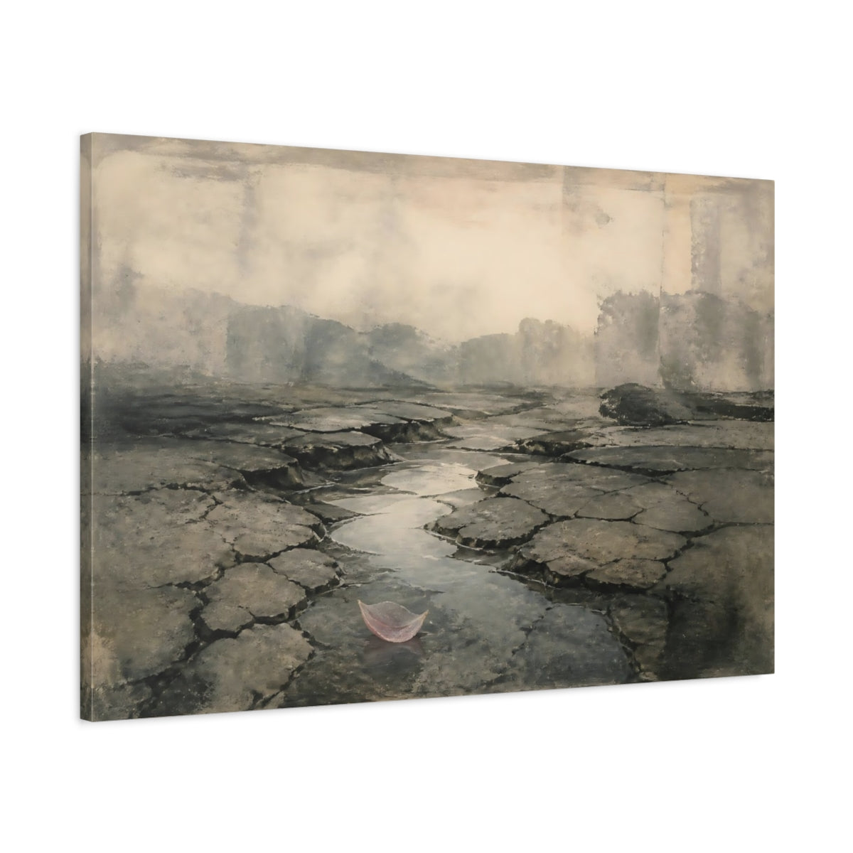Main Mockup. Cracked Earth With Pink Leaf shown as canvas print