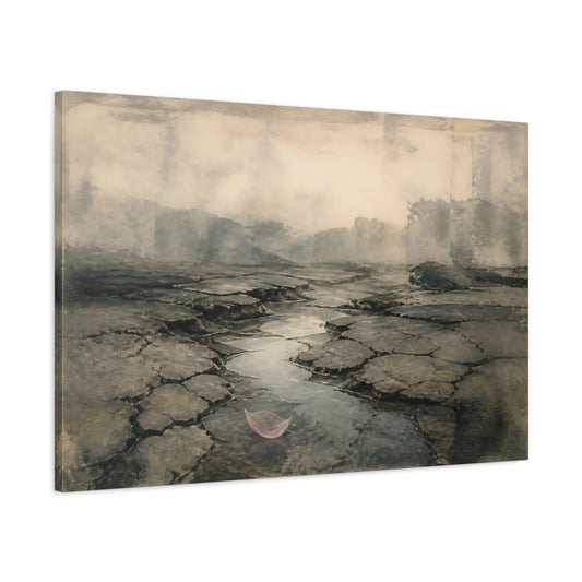 Main Mockup. Cracked Earth With Pink Leaf shown as canvas print