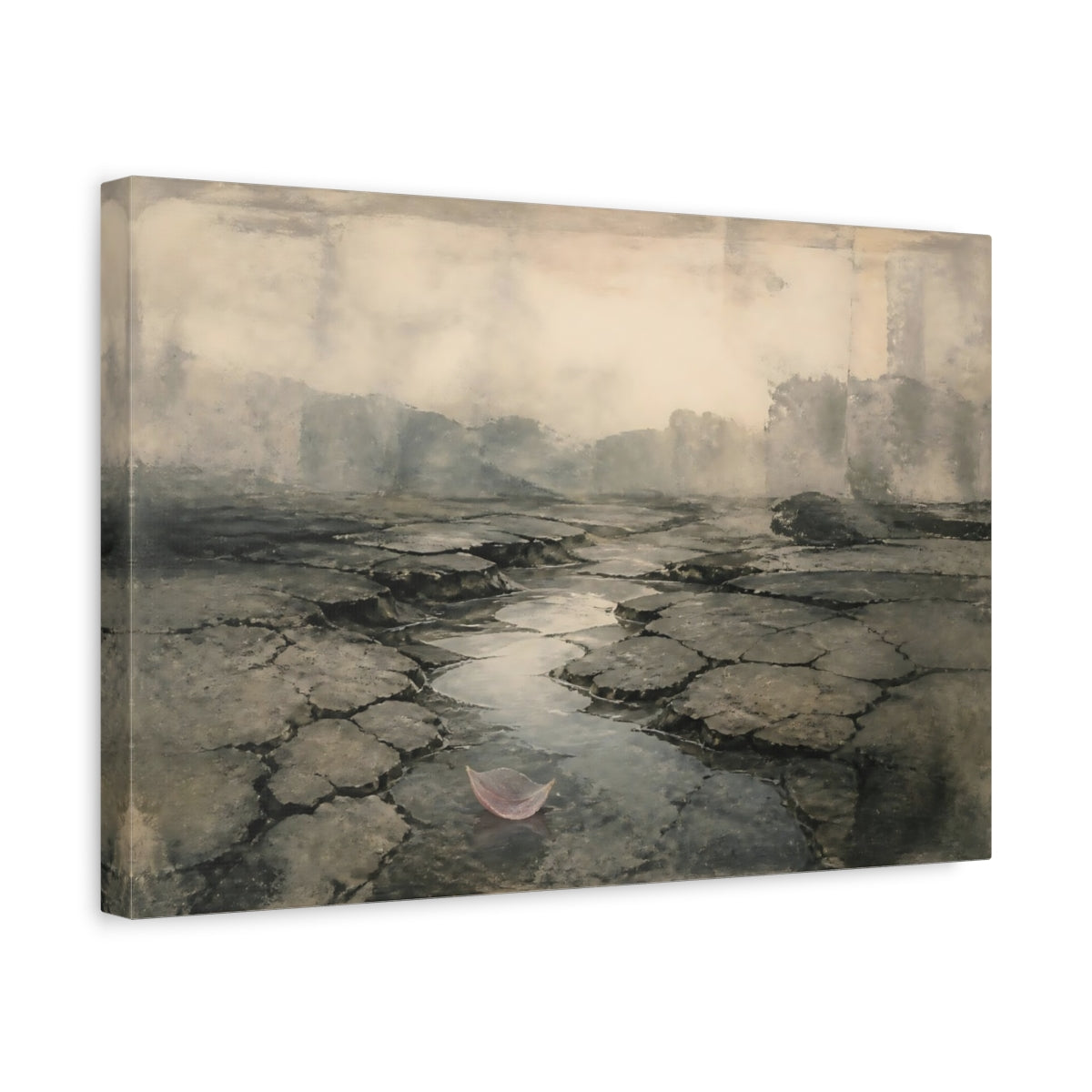 Side Mockup 4. Cracked Earth With Pink Leaf shown as canvas print