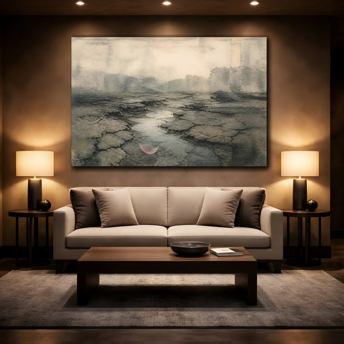 Mockup 2. Cracked Earth With Pink Leaf shown as canvas print