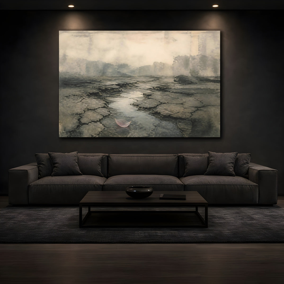 Mockup 3. Cracked Earth With Pink Leaf shown as canvas print