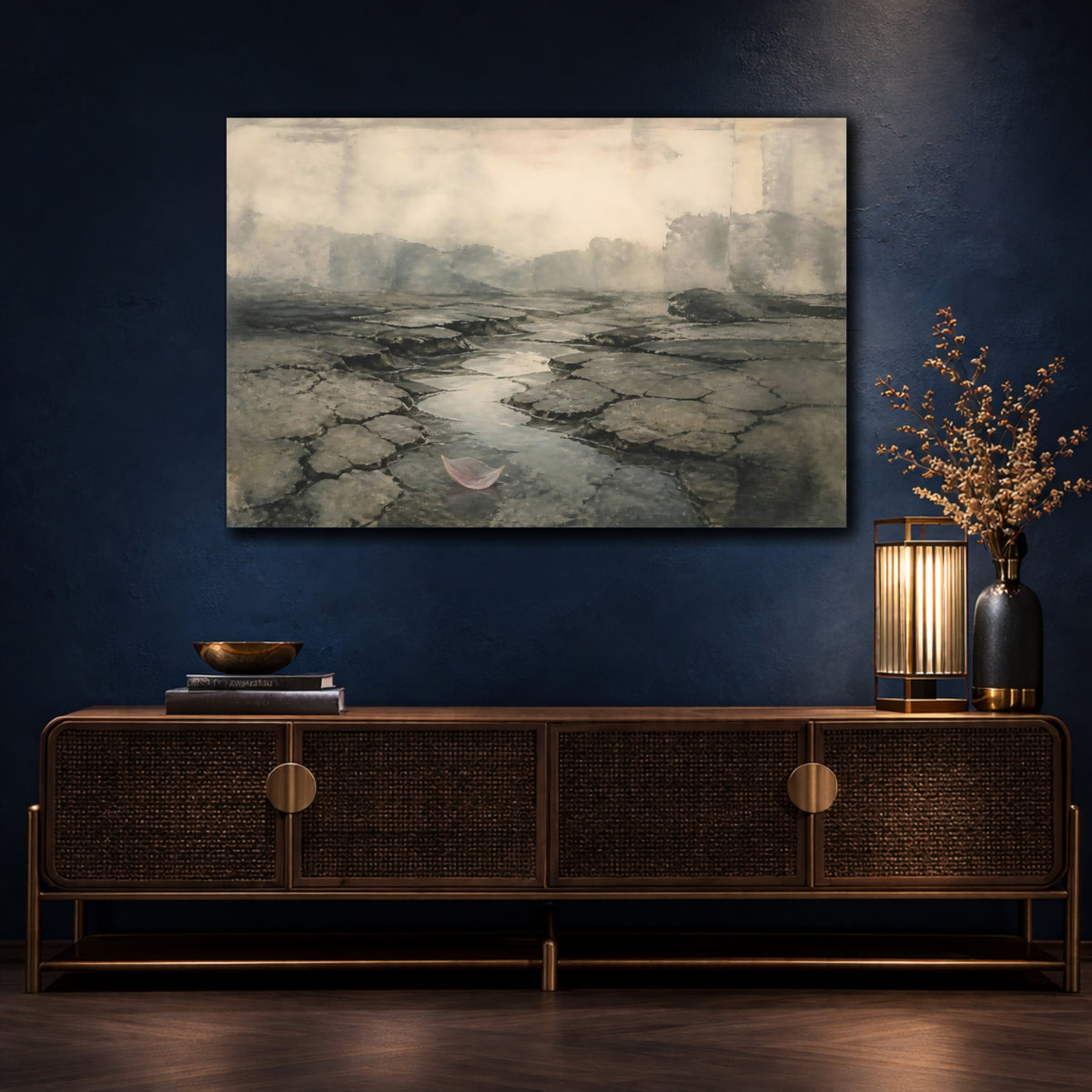 Mockup 4. Cracked Earth With Pink Leaf shown as canvas print