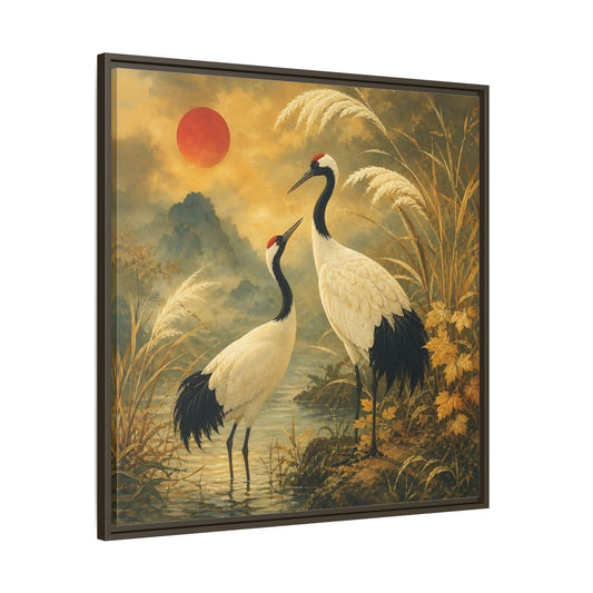 Main Mockup. Cranes At Sunset shown as framed canvas print