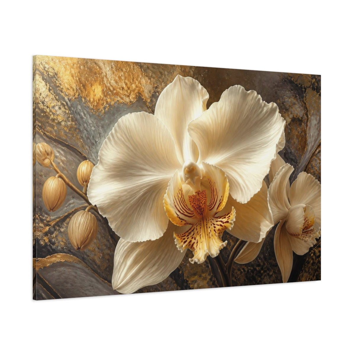 Side Mockup 1. Cream Orchid Flower Portrait shown as canvas print