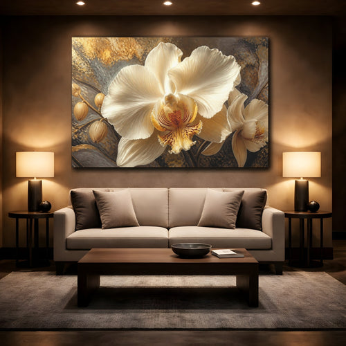 Mockup 2. Cream Orchid Flower Portrait shown as canvas print