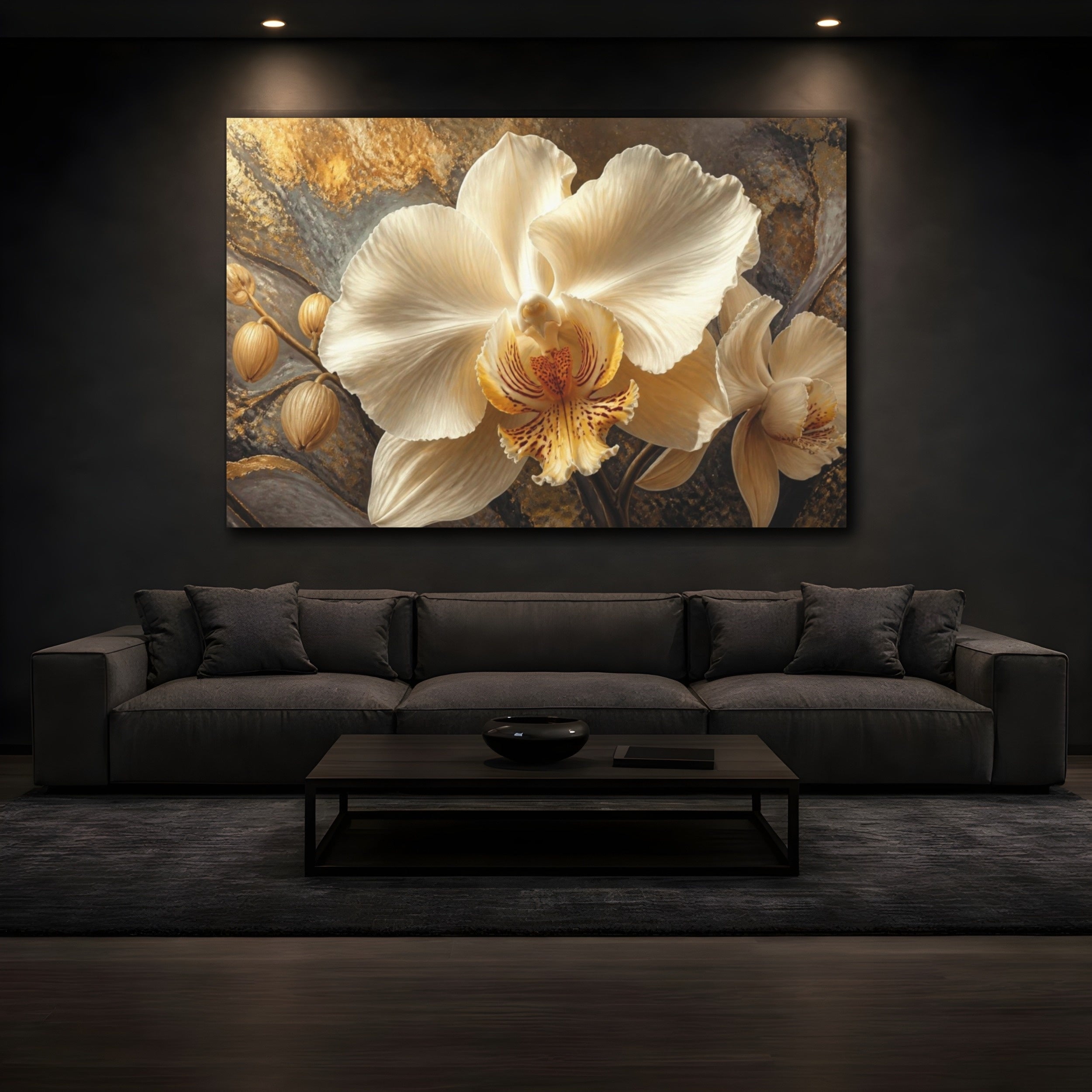 Mockup 3. Cream Orchid Flower Portrait shown as canvas print