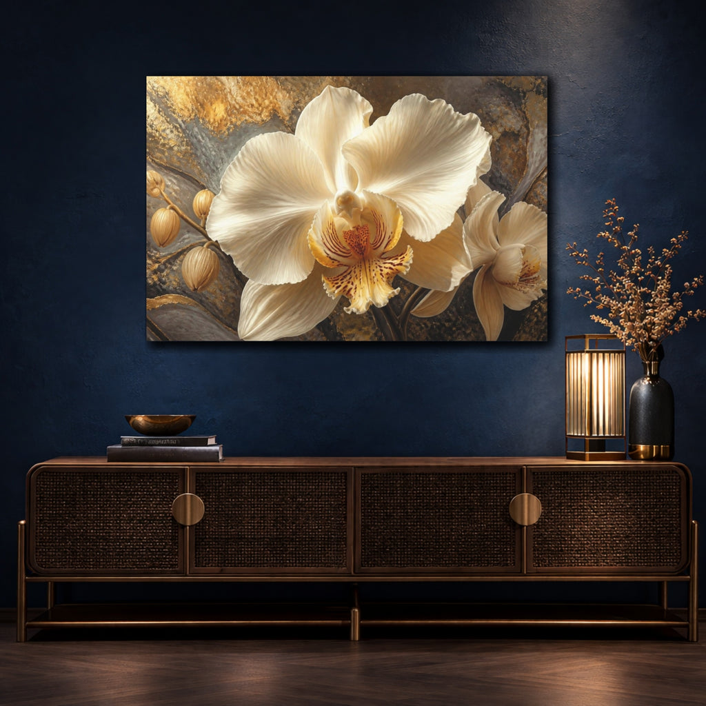 Mockup 4. Cream Orchid Flower Portrait shown as canvas print