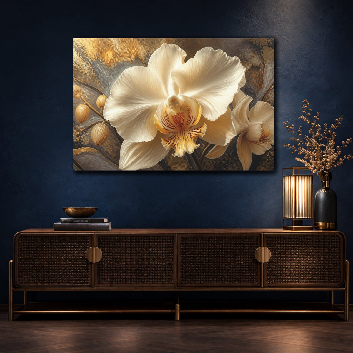 Mockup 4. Cream Orchid Flower Portrait shown as canvas print