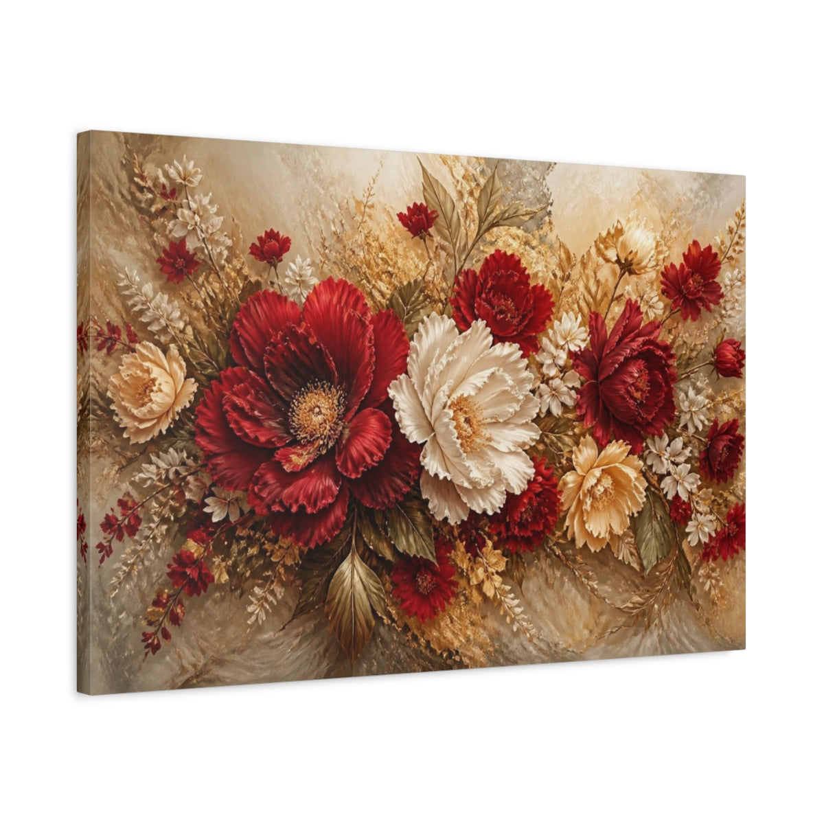 Side Mockup 2. Crimson Peony Floral Bouquet shown as canvas print