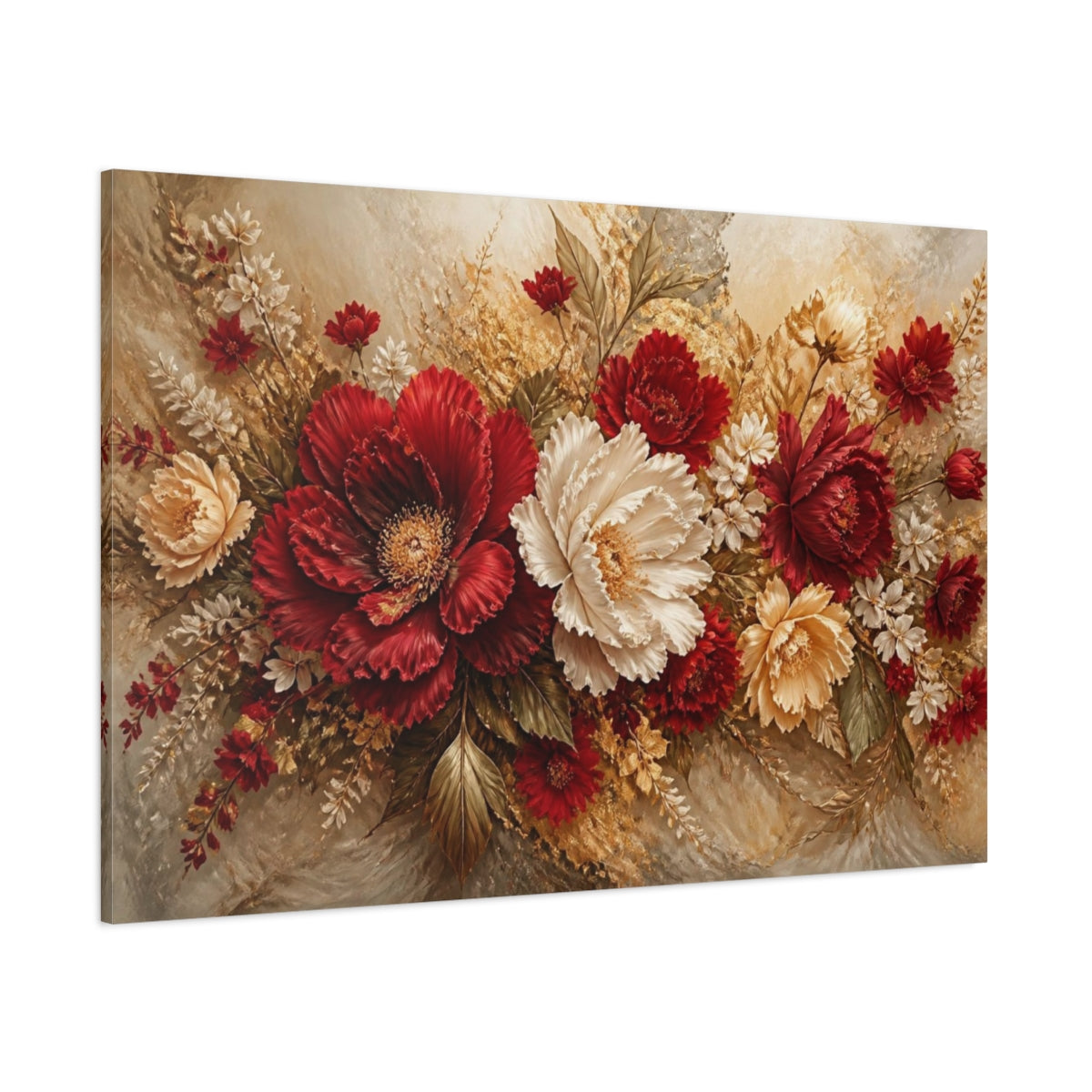 Side Mockup 1. Crimson Peony Floral Bouquet shown as canvas print
