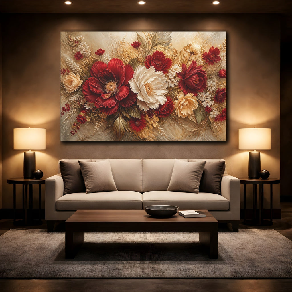 Mockup 2. Crimson Peony Floral Bouquet shown as canvas print