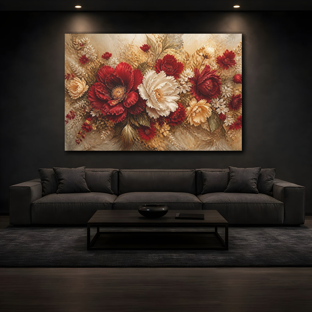 Mockup 3. Crimson Peony Floral Bouquet shown as canvas print