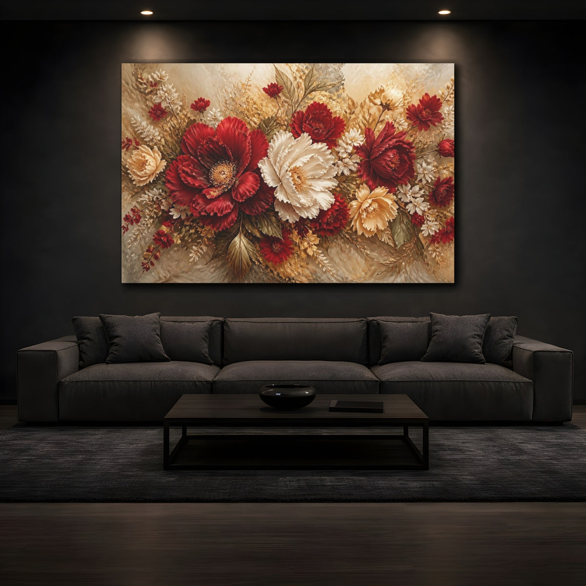 Mockup 3. Crimson Peony Floral Bouquet shown as canvas print