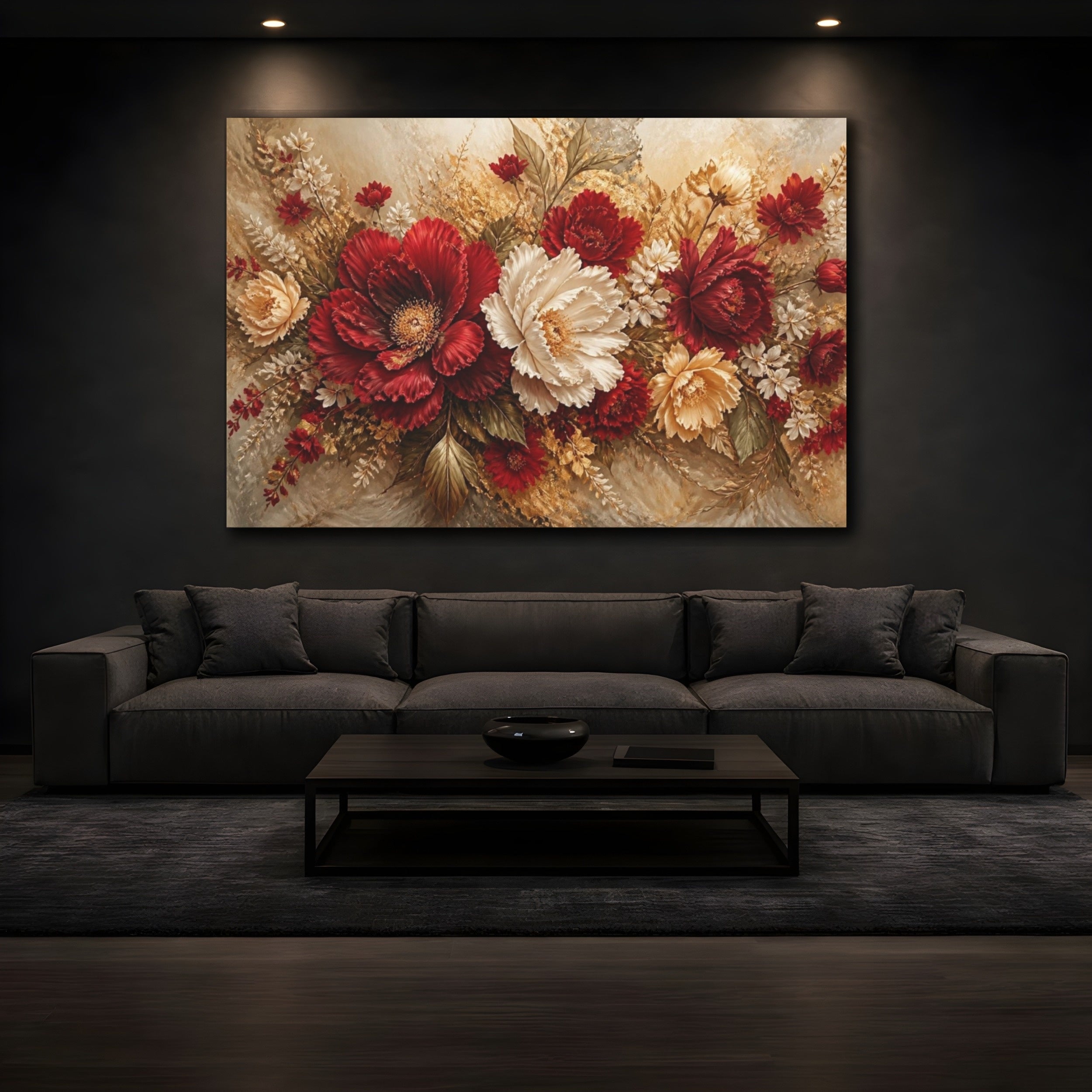 Mockup 3. Crimson Peony Floral Bouquet shown as canvas print