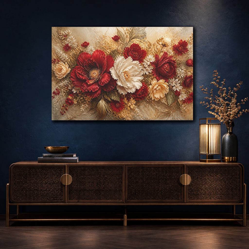 Mockup 4. Crimson Peony Floral Bouquet shown as canvas print