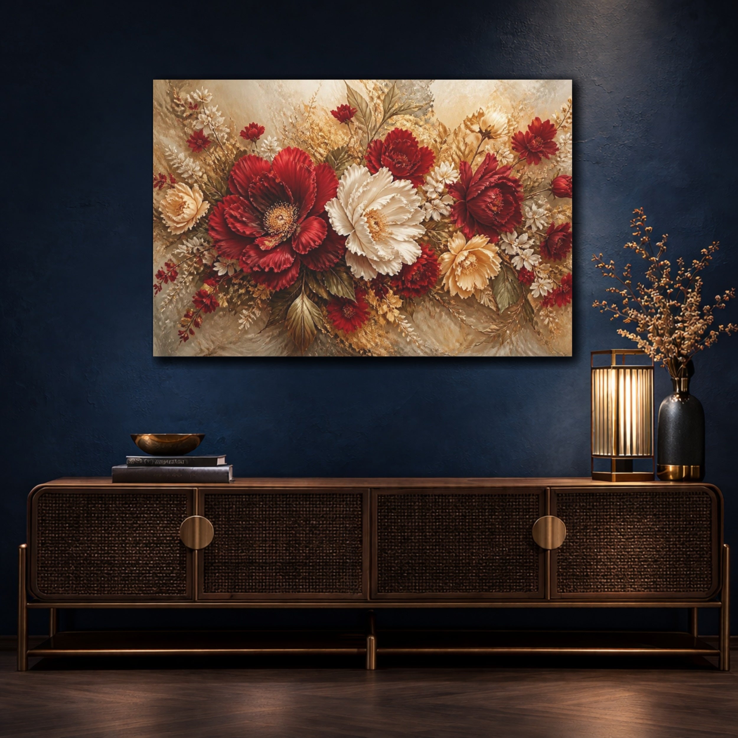 Mockup 4. Crimson Peony Floral Bouquet shown as canvas print
