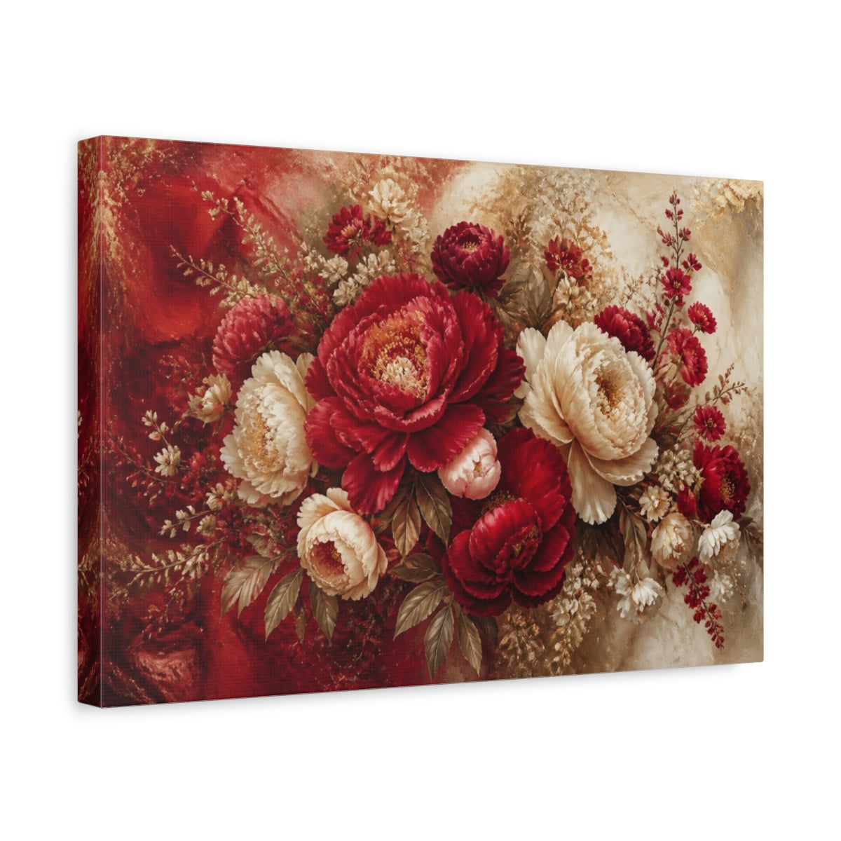Side Mockup 4. Crimson Peony Floral Burst shown as canvas print