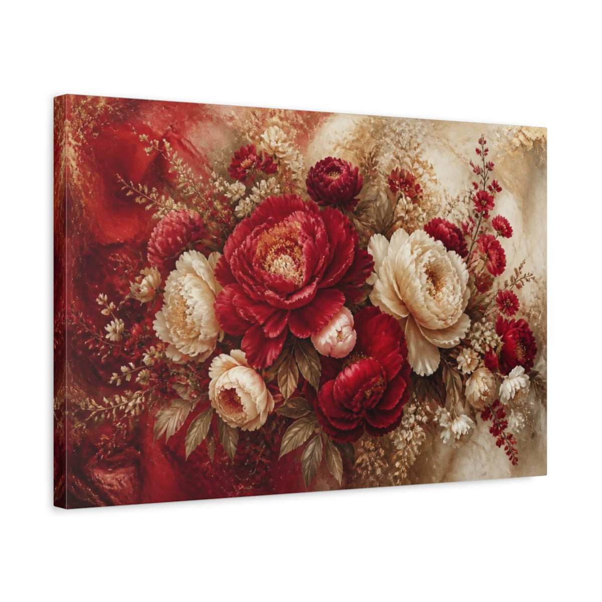 Side Mockup 3. Crimson Peony Floral Burst shown as canvas print