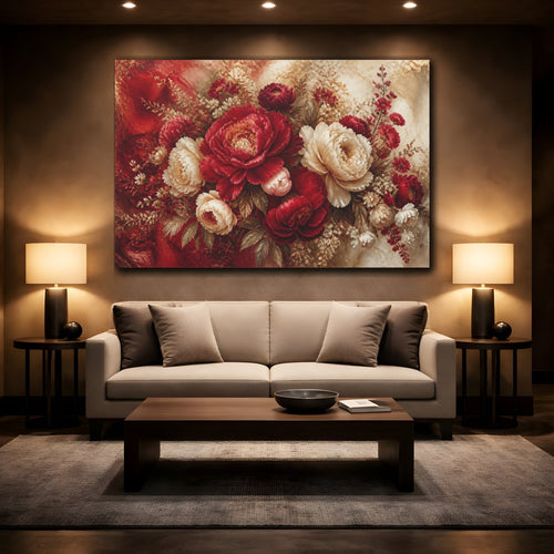 Mockup 2. Crimson Peony Floral Burst shown as canvas print