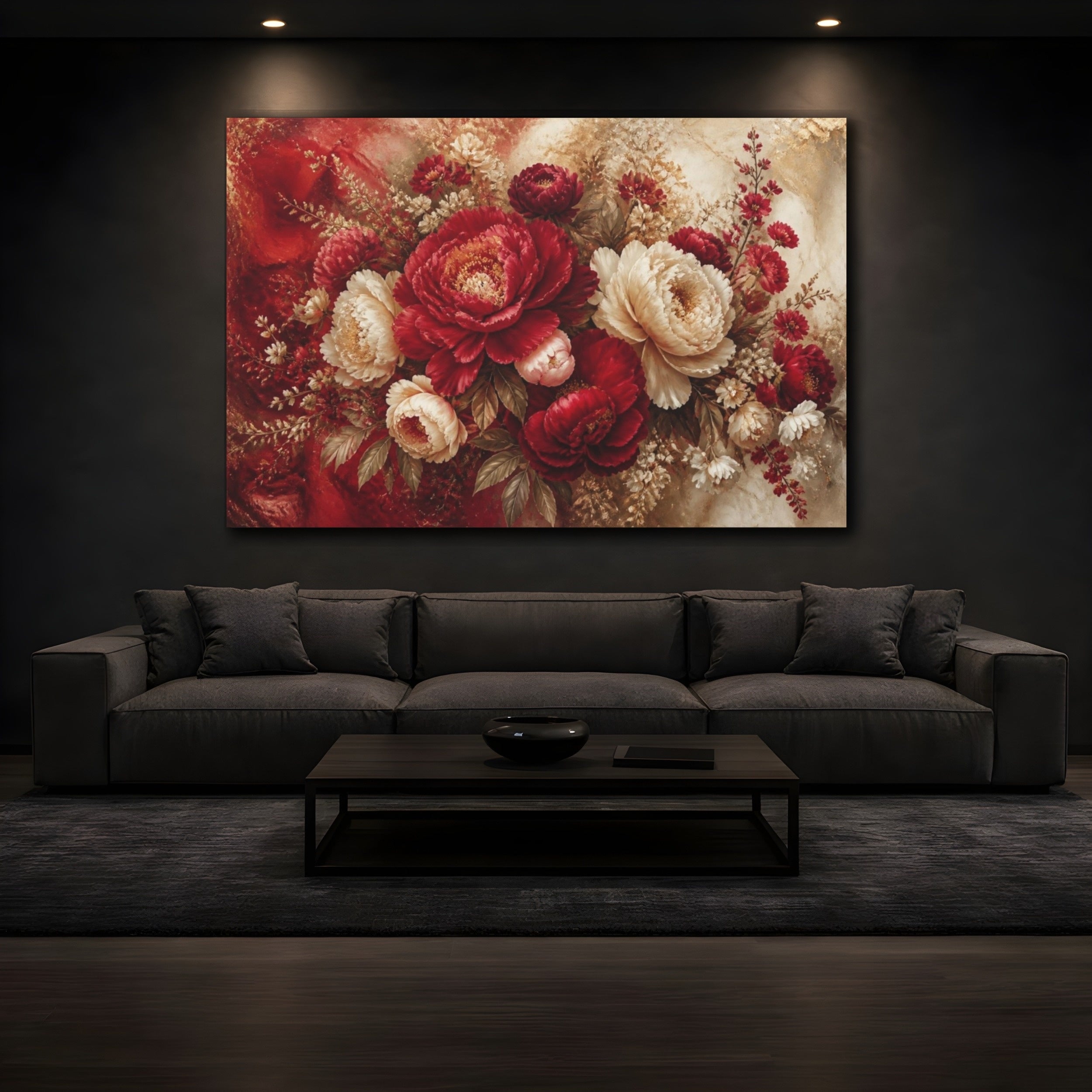 Mockup 3. Crimson Peony Floral Burst shown as canvas print
