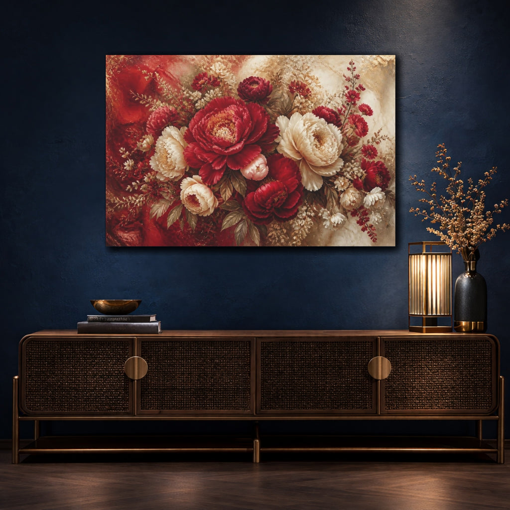 Mockup 4. Crimson Peony Floral Burst shown as canvas print