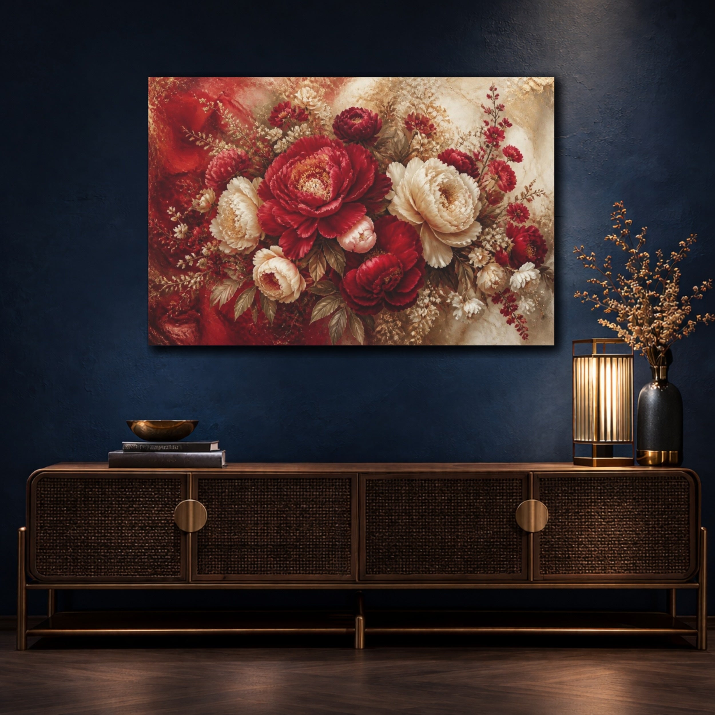 Mockup 4. Crimson Peony Floral Burst shown as canvas print