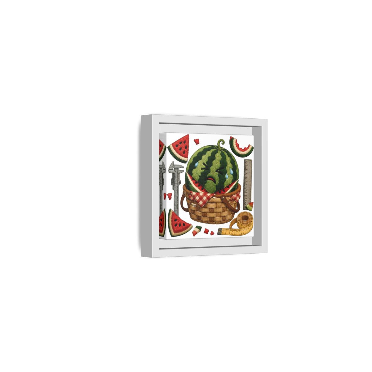 Side Mockup 22. Crying Watermelon Basket shown as framed canvas print