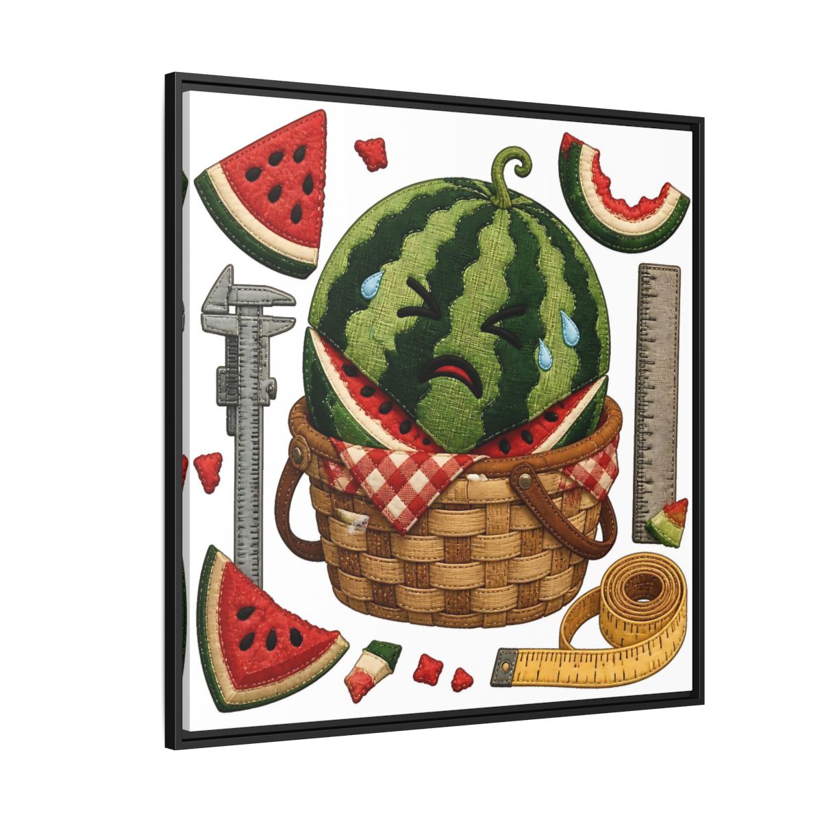 Side Mockup 6. Crying Watermelon Basket shown as framed canvas print