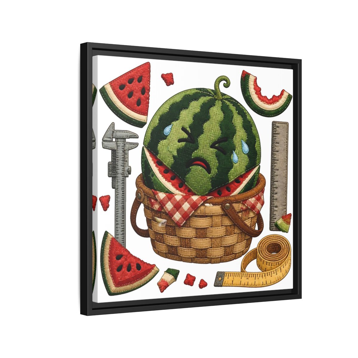 Side Mockup 12. Crying Watermelon Basket shown as framed canvas print