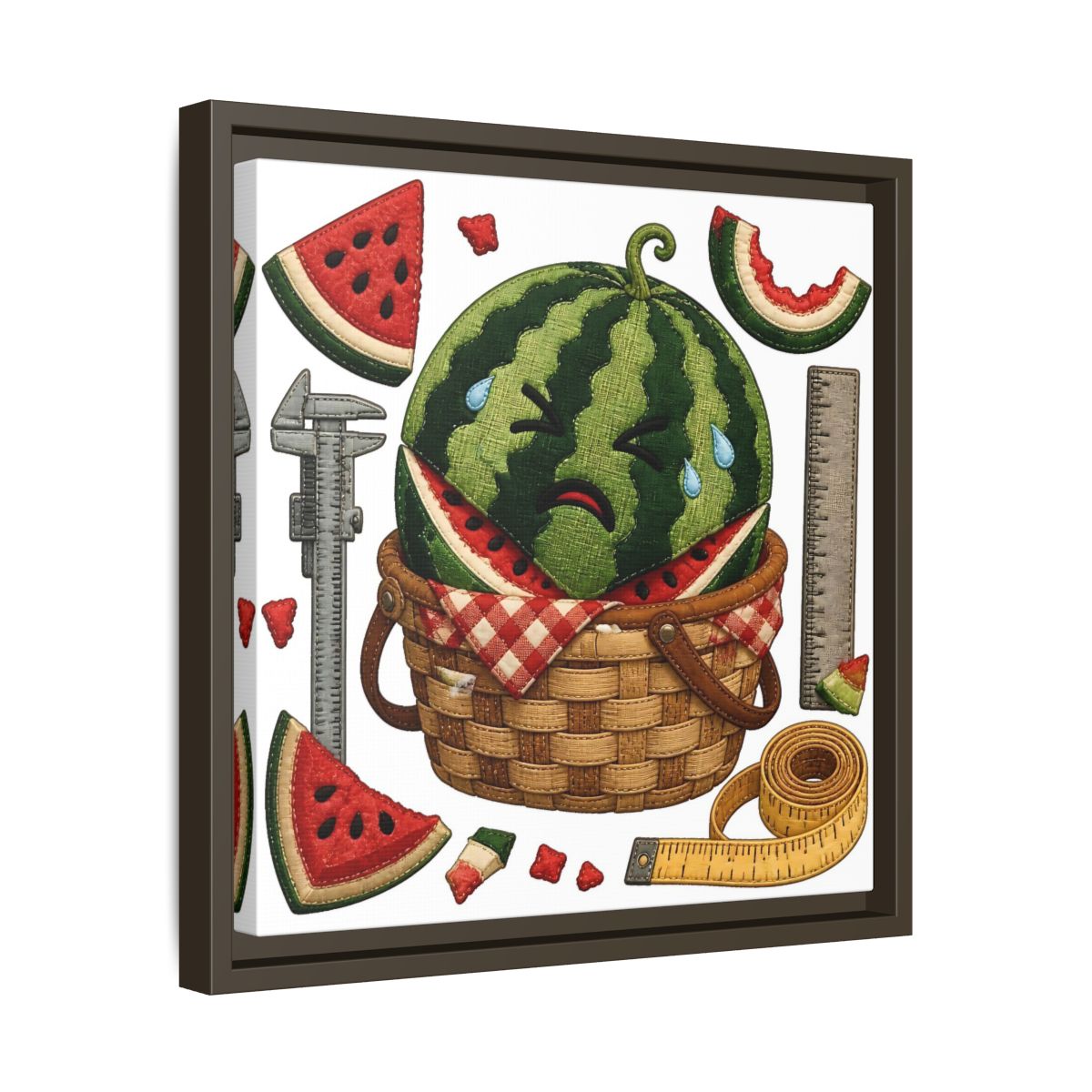 Side Mockup 29. Crying Watermelon Basket shown as framed canvas print