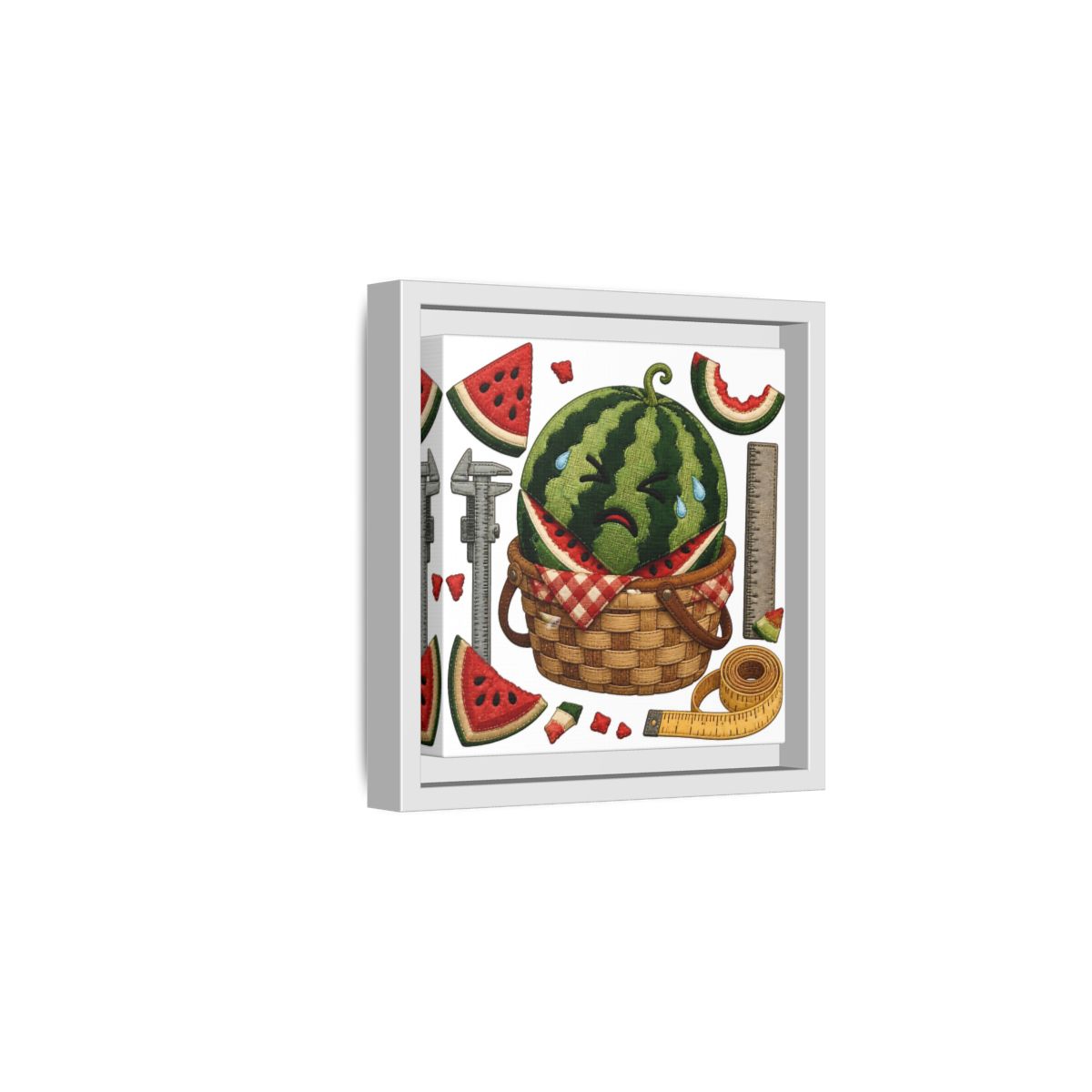Side Mockup 1. Crying Watermelon Basket shown as framed canvas print