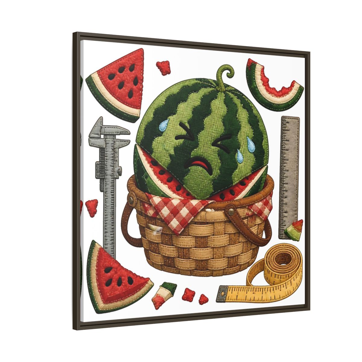 Side Mockup 5. Crying Watermelon Basket shown as framed canvas print