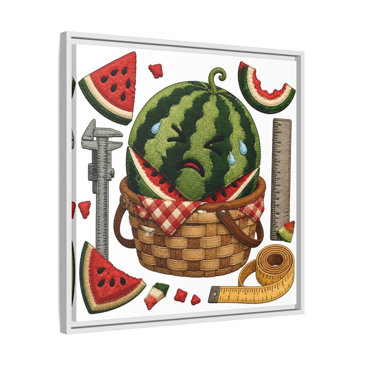 Side Mockup 26. Crying Watermelon Basket shown as framed canvas print