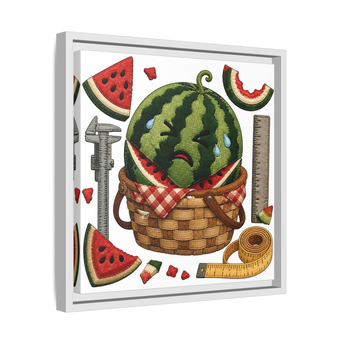 Side Mockup 28. Crying Watermelon Basket shown as framed canvas print