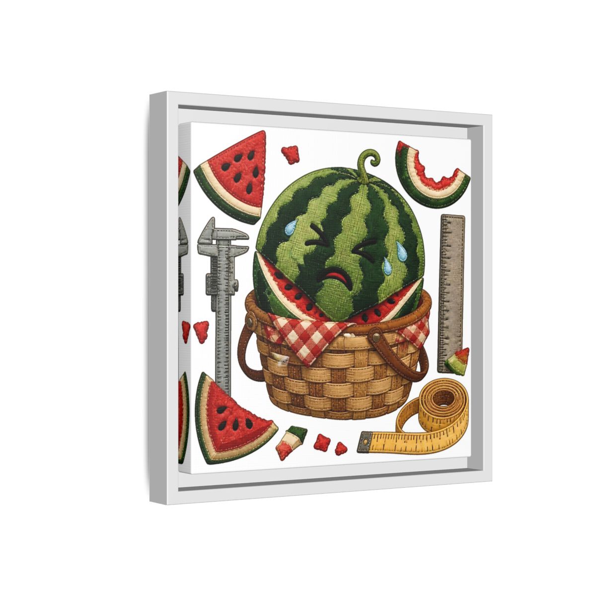 Side Mockup 16. Crying Watermelon Basket shown as framed canvas print