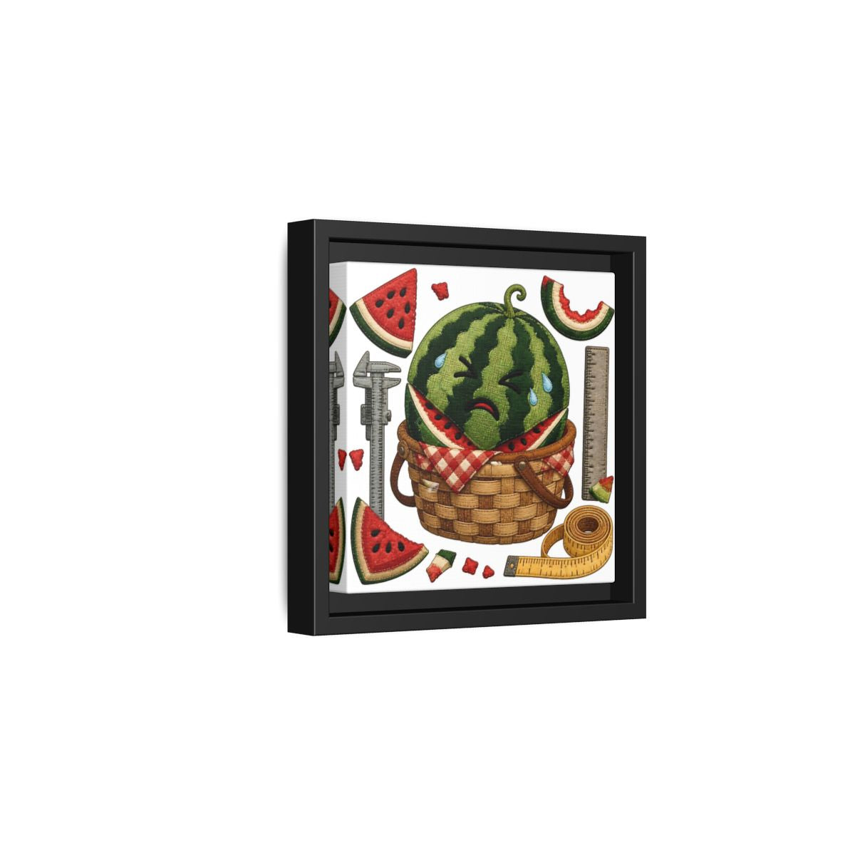 Side Mockup 3. Crying Watermelon Basket shown as framed canvas print