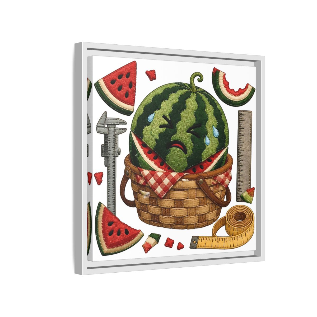 Side Mockup 13. Crying Watermelon Basket shown as framed canvas print