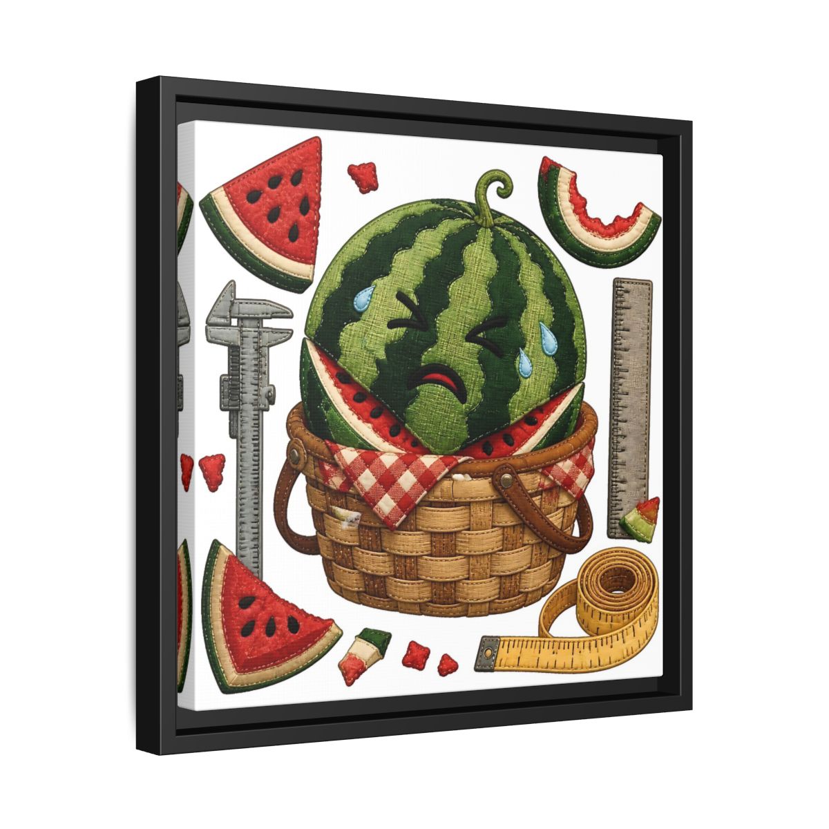 Side Mockup 32. Crying Watermelon Basket shown as framed canvas print