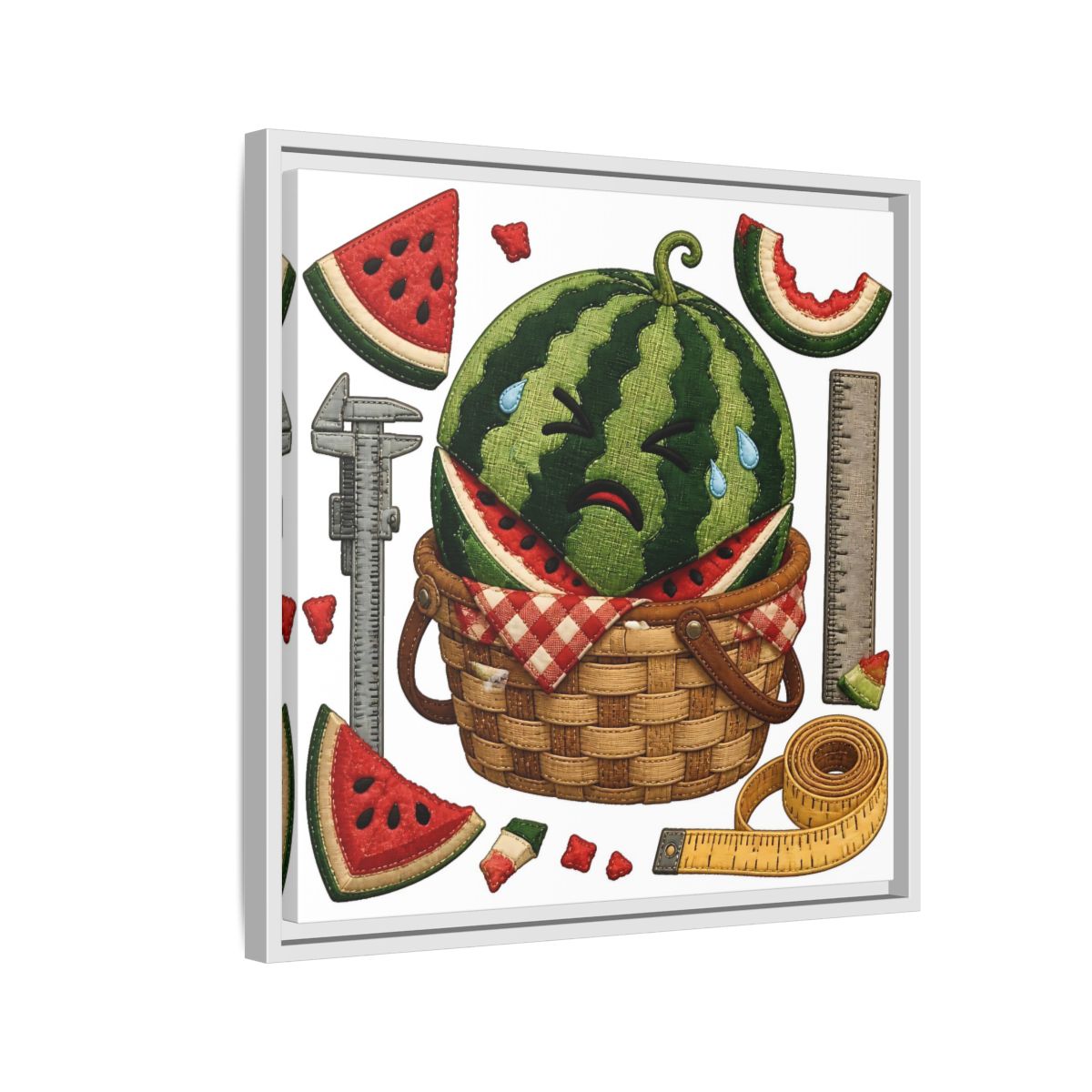 Side Mockup 10. Crying Watermelon Basket shown as framed canvas print
