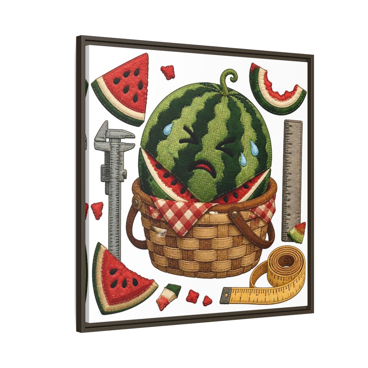 Side Mockup 8. Crying Watermelon Basket shown as framed canvas print
