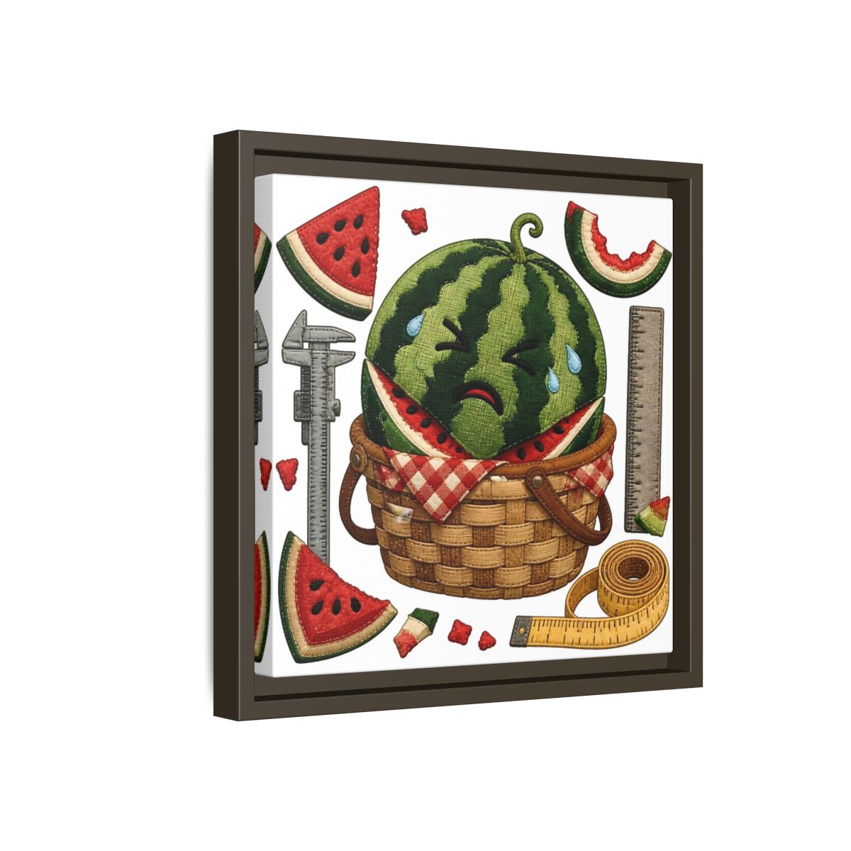 Side Mockup 17. Crying Watermelon Basket shown as framed canvas print