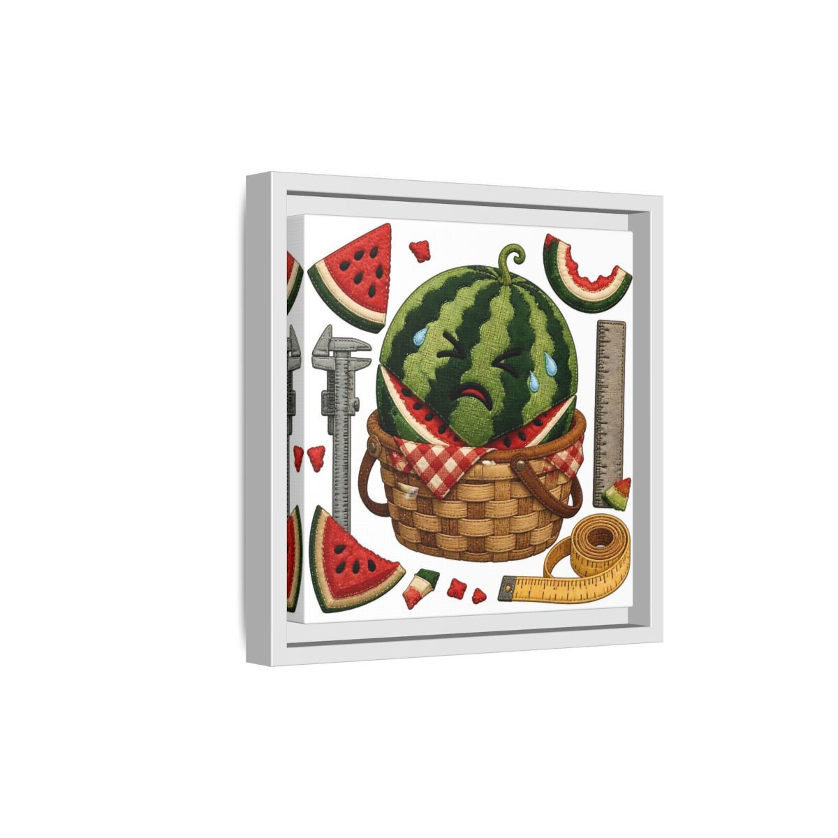 Side Mockup 19. Crying Watermelon Basket shown as framed canvas print