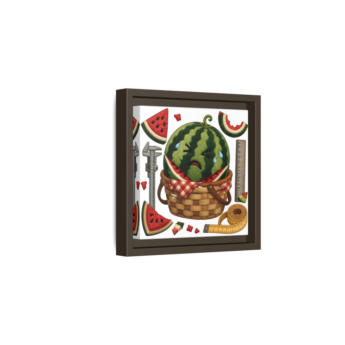 Side Mockup 2. Crying Watermelon Basket shown as framed canvas print