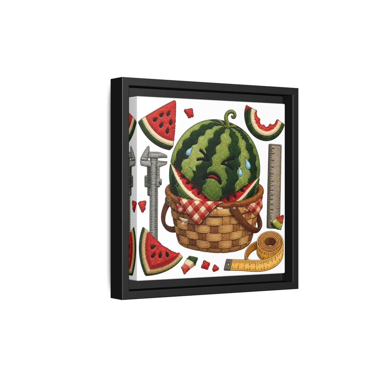Side Mockup 21. Crying Watermelon Basket shown as framed canvas print