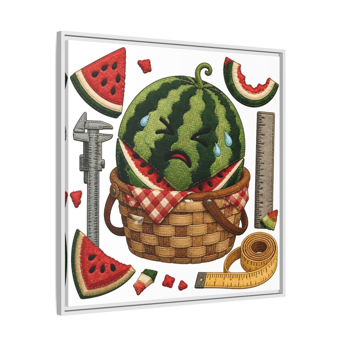 Side Mockup 25. Crying Watermelon Basket shown as framed canvas print