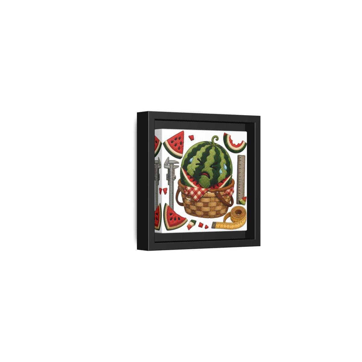 Side Mockup 24. Crying Watermelon Basket shown as framed canvas print