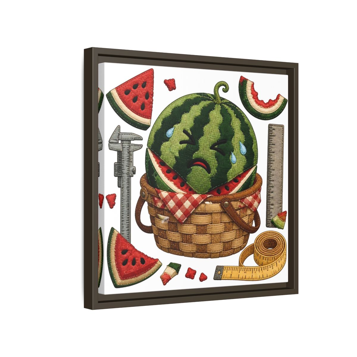 Side Mockup 14. Crying Watermelon Basket shown as framed canvas print