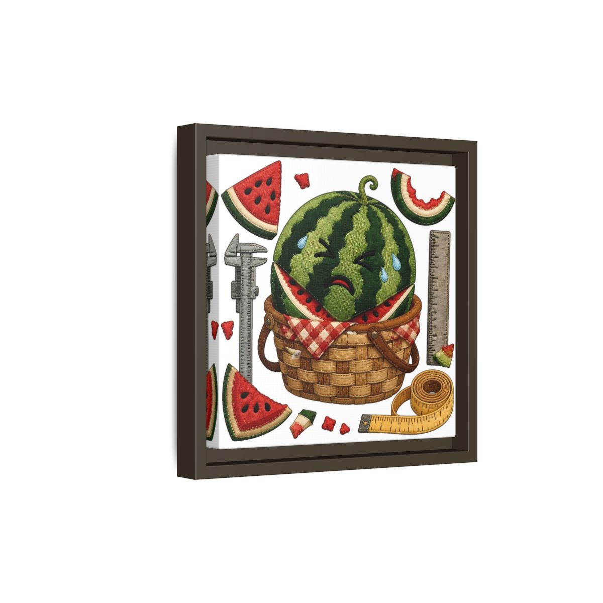 Side Mockup 20. Crying Watermelon Basket shown as framed canvas print